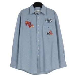 MILI DESIGNS Blue Plaid RED LOBSTER & CRAB EMBROIDERED RHINESTONE Shirt/Top M